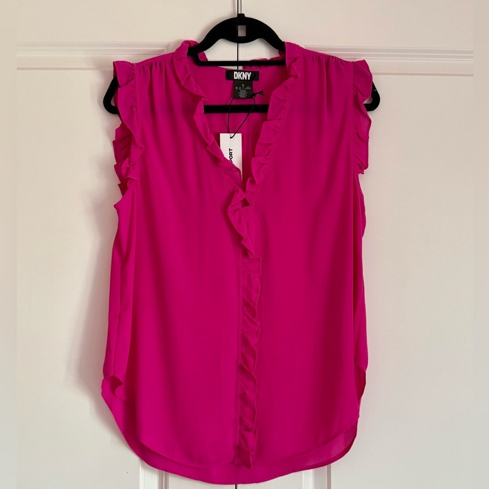 DKNY Pink Flutter Sleeveless Blouse with Mandarin Collar SZ.M